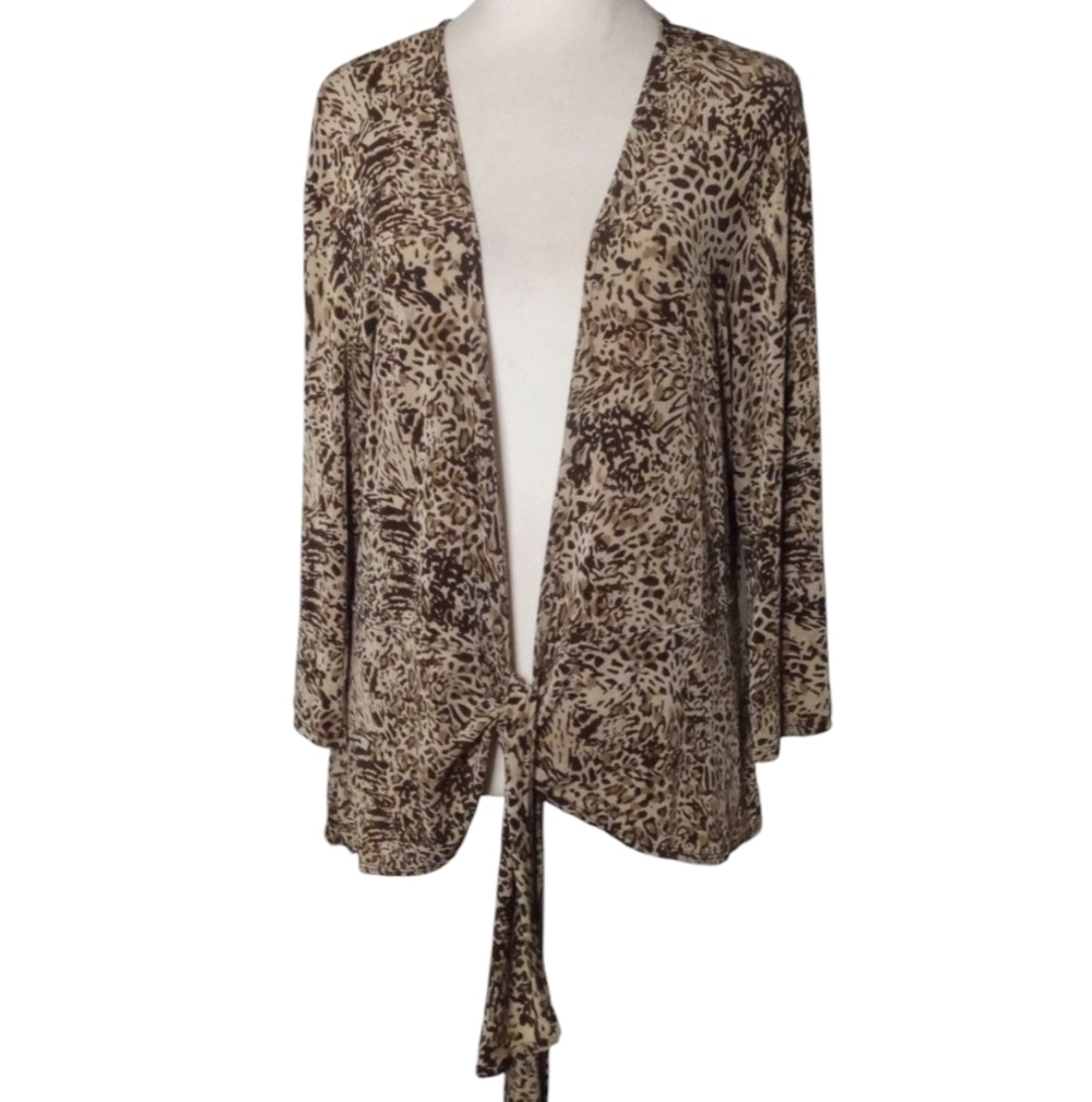 Chicos Travelers Slinky Knit Tie Front Leopard Print Cardigan Vacation Size 3 XL